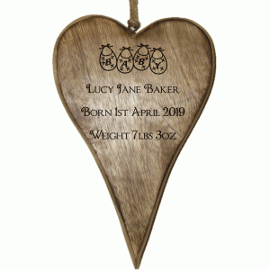 Personalised Small Rustic Wooden Heart Baby Birth Template 1